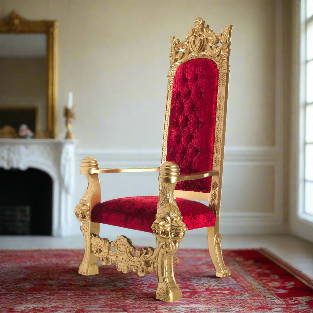 "King Solomon" Gothic Throne Chair - Red Velvet / Gold