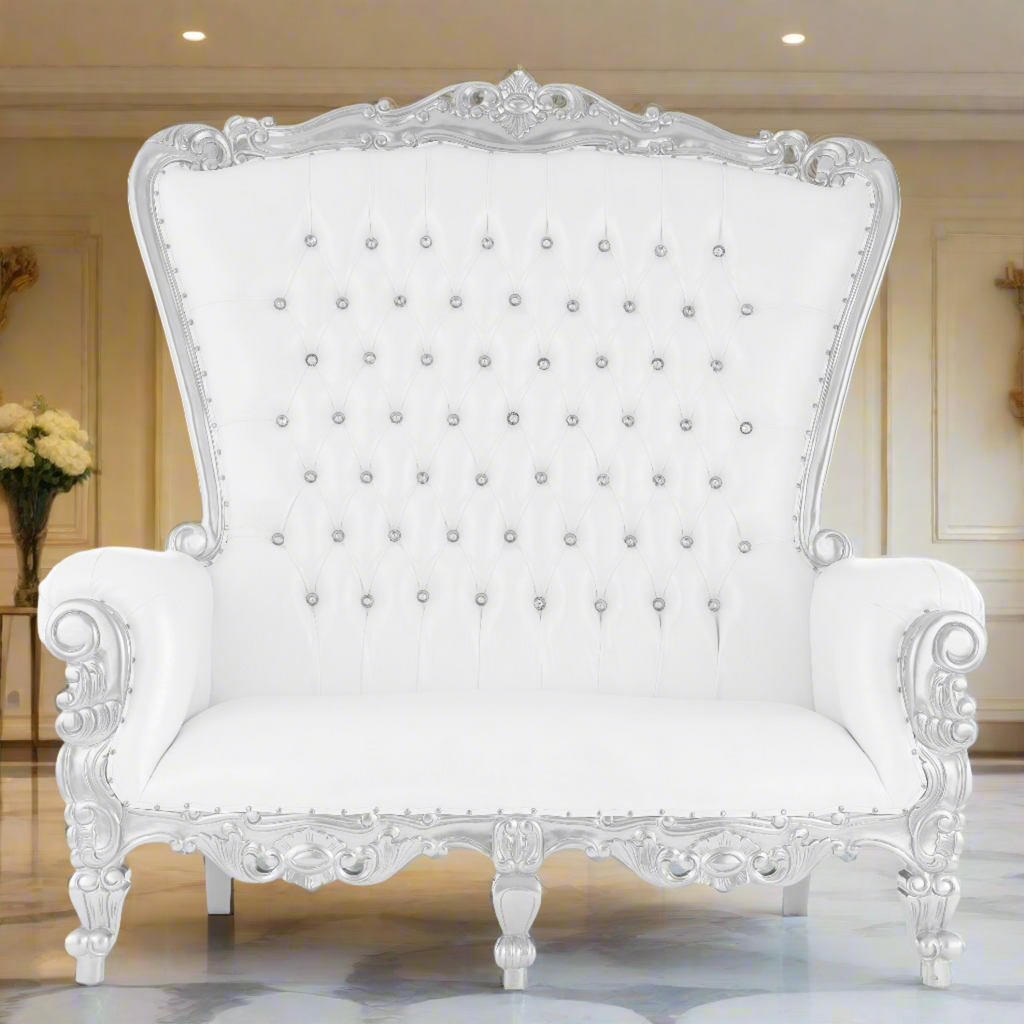 "Queen Tiffany" Love Seat - White / Silver
