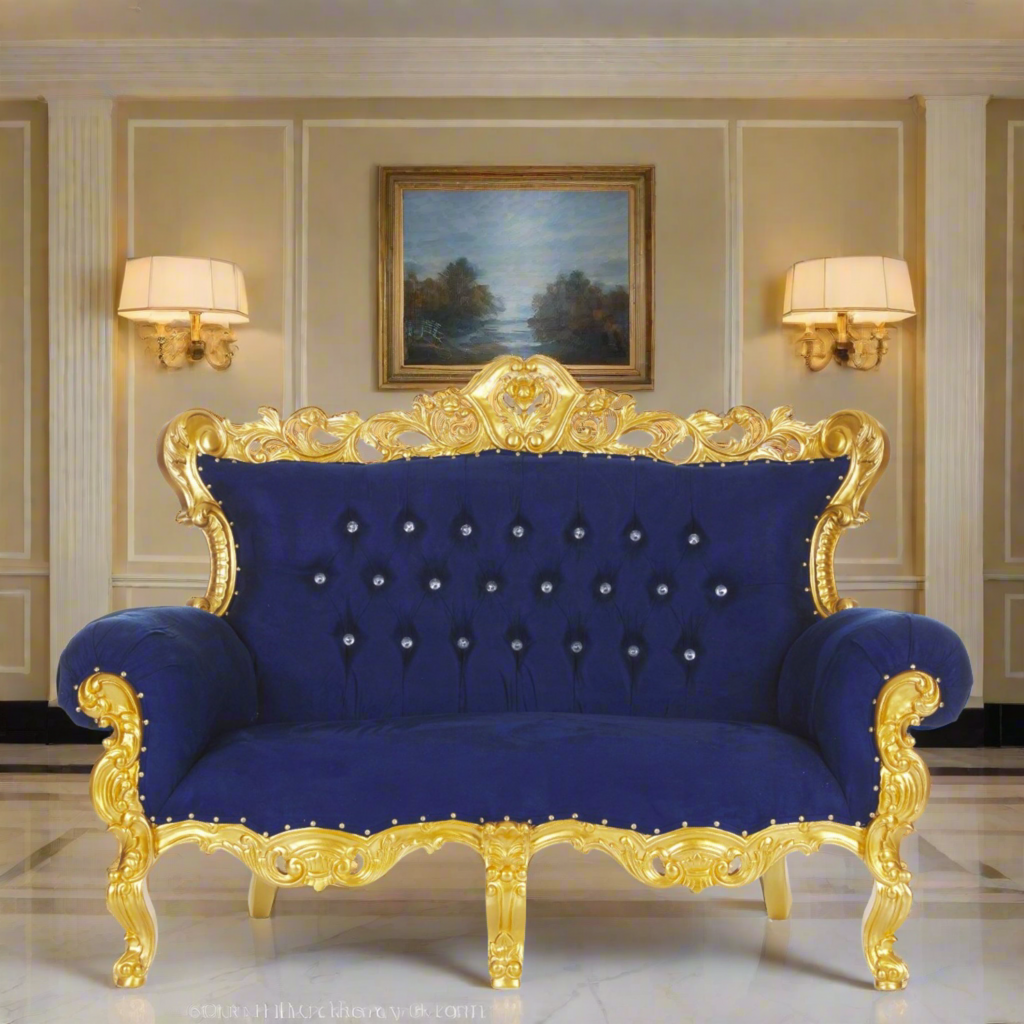 "Farrah" Royal Love Seat Sofa - Navy Blue Velvet / Gold