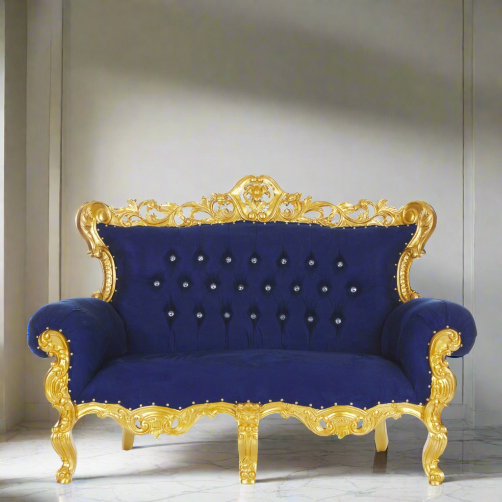 "Farrah" Royal Love Seat Sofa - Navy Blue Velvet / Gold