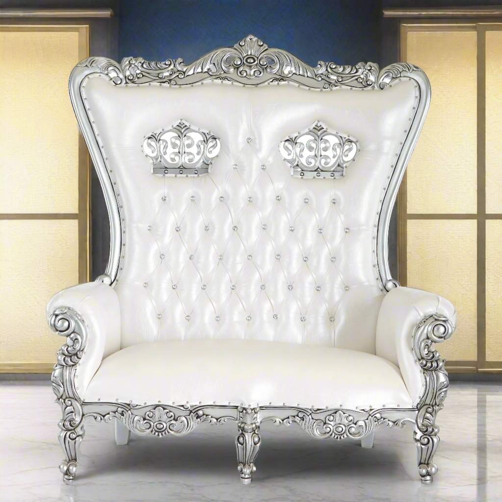 "Crown Tiffany" Love Seat Throne Chair - White / Silver