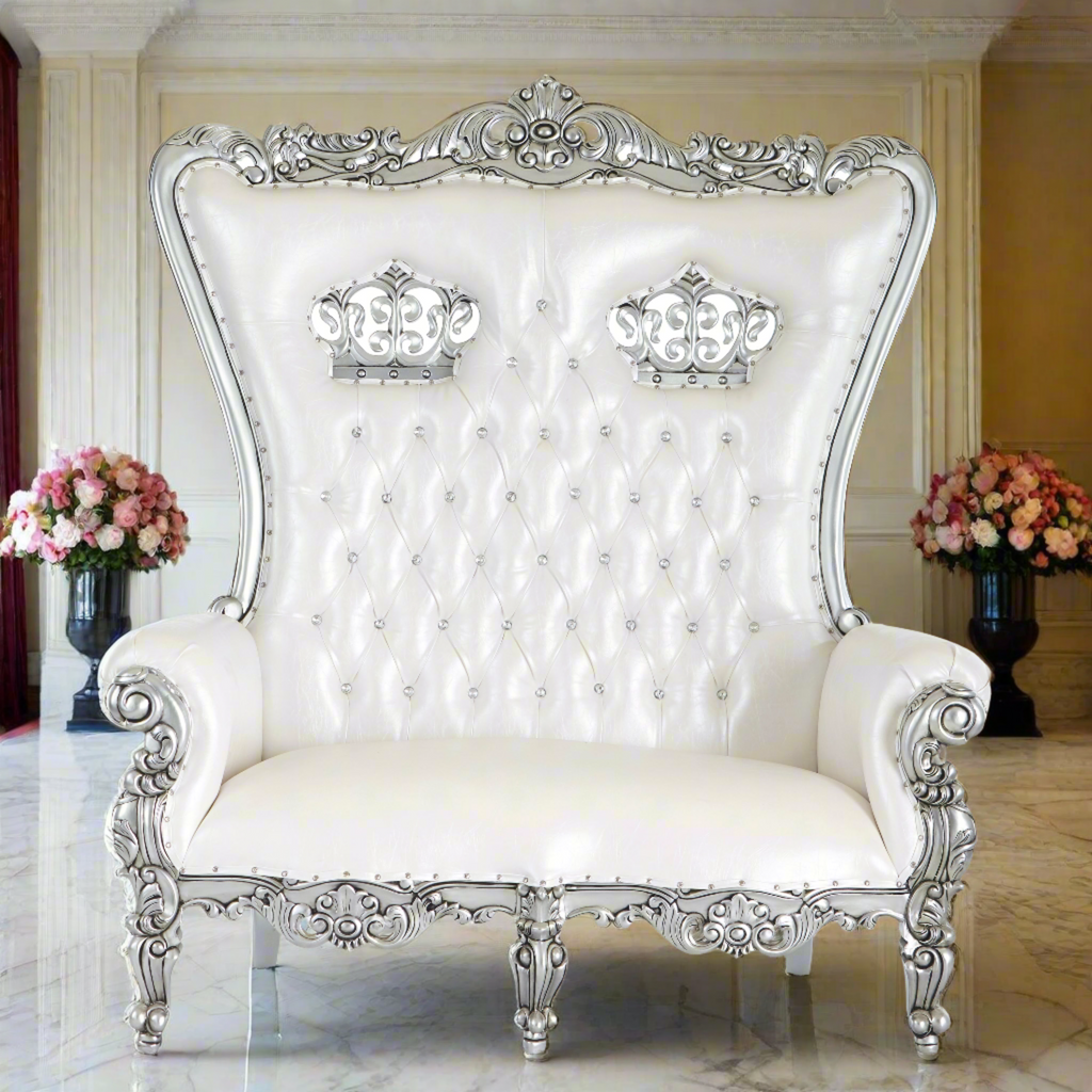"Crown Tiffany" Love Seat Throne Chair - White / Silver