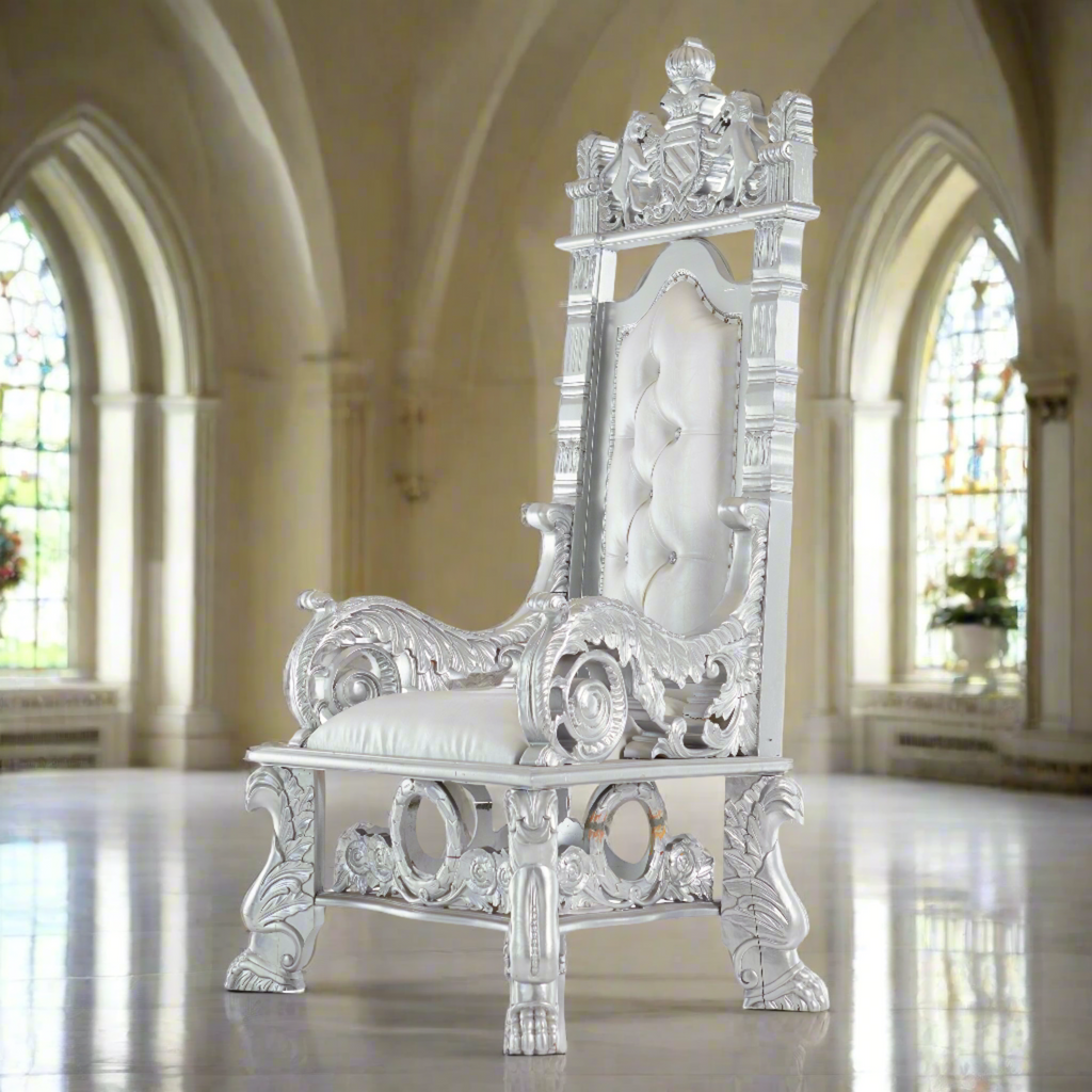 "King Stephen" Throne Chair - White / Silver