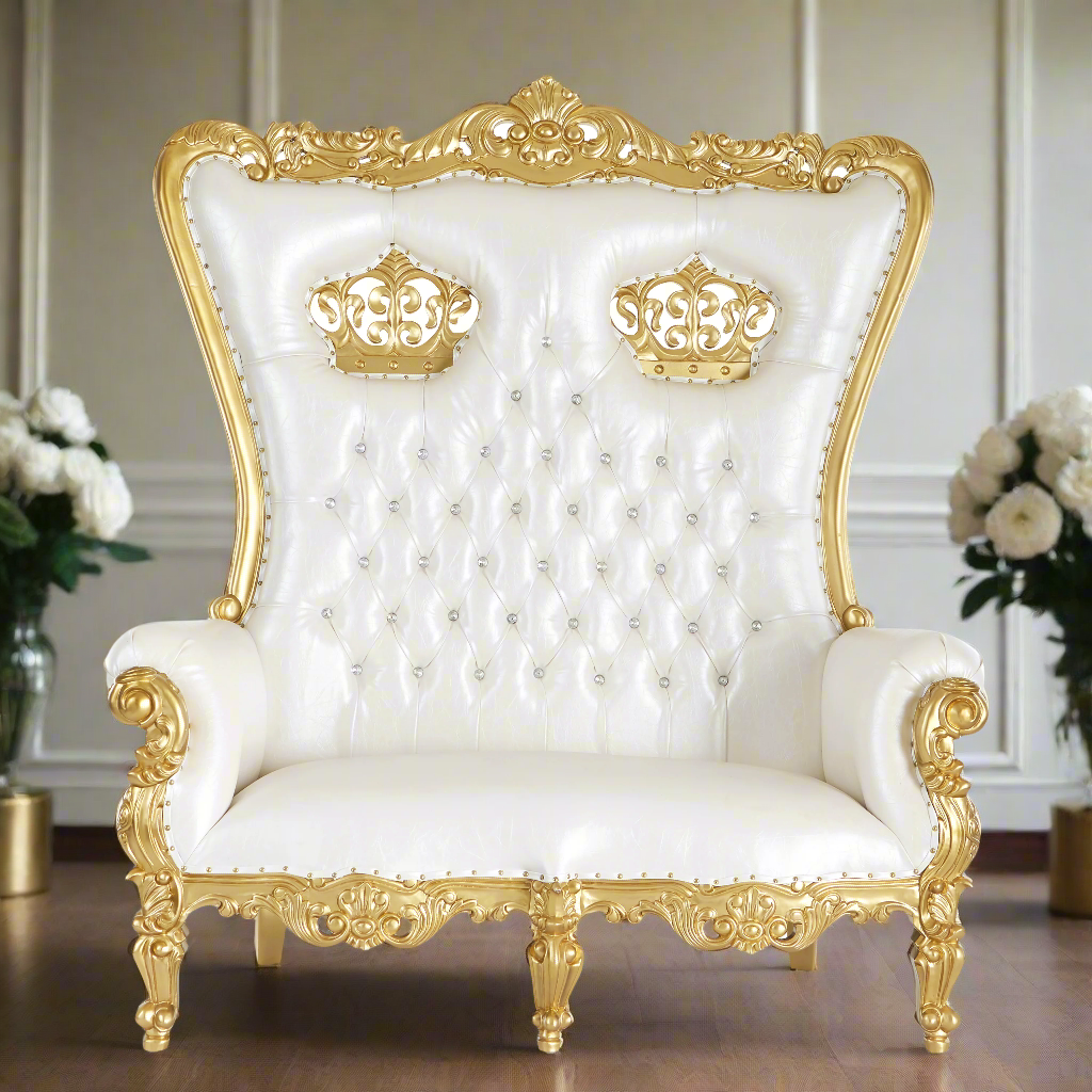 "Crown Tiffany" Love Seat Throne Chair - White / Gold