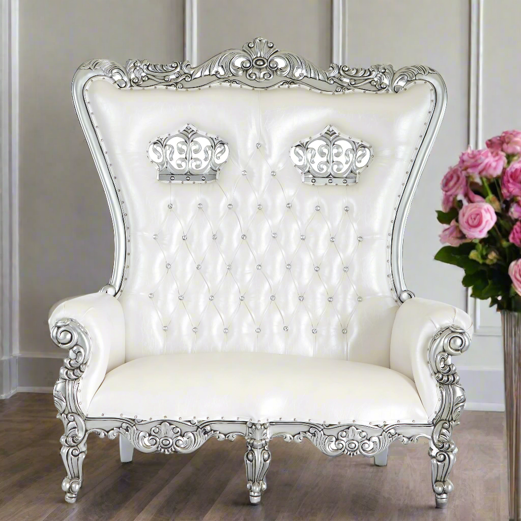 "Crown Tiffany" Love Seat Throne Chair - White / Silver