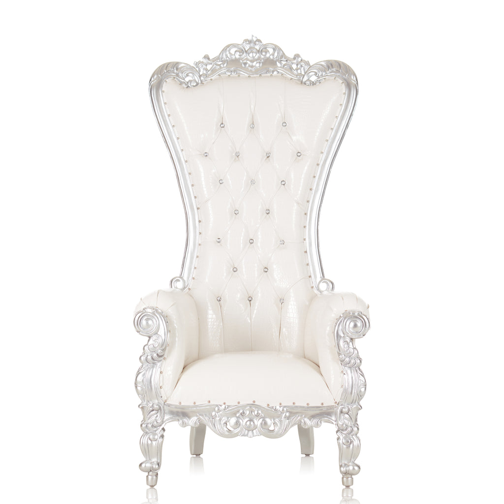 "Queen Tiffany" Throne Chair - White Croc Print / Silver
