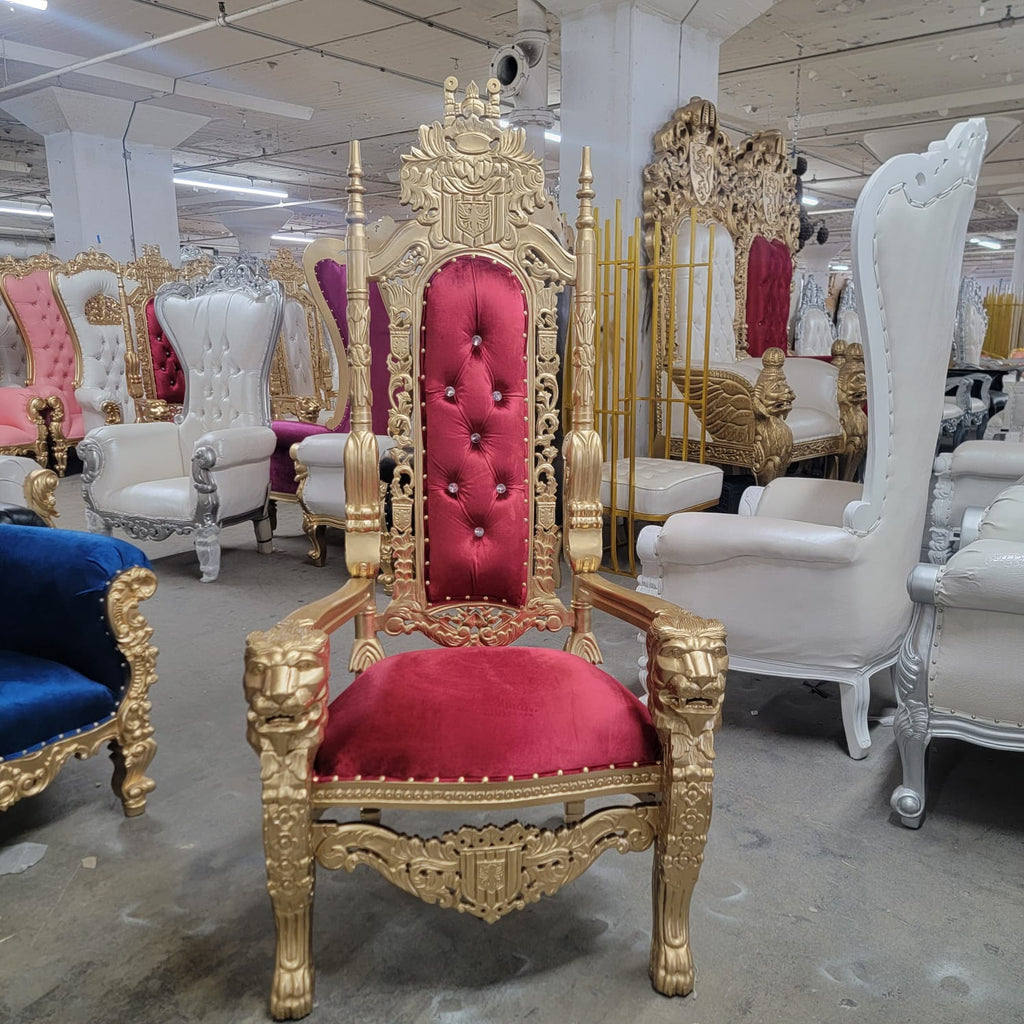 "King David" Lion Throne Chair - Burgundy Velvet / Gold