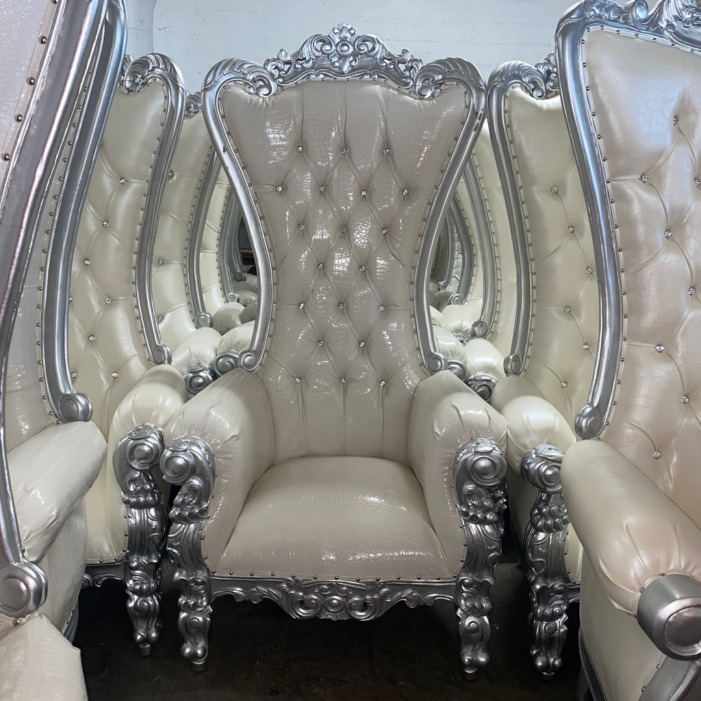"Queen Tiffany 2.0" Throne Chair - White Croc Print / Silver