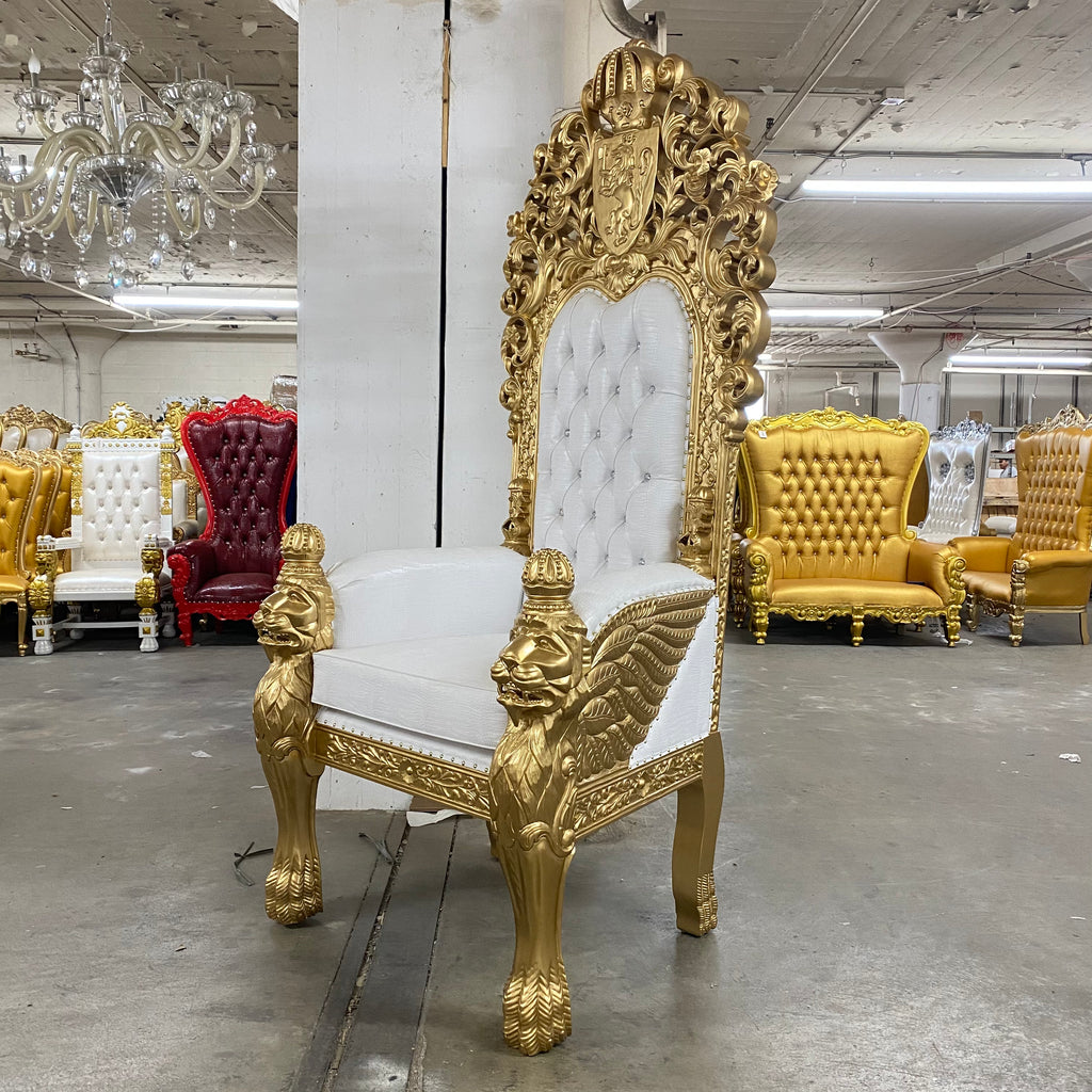 "King Edward 100"" Throne Chair - White Croc Print / Gold