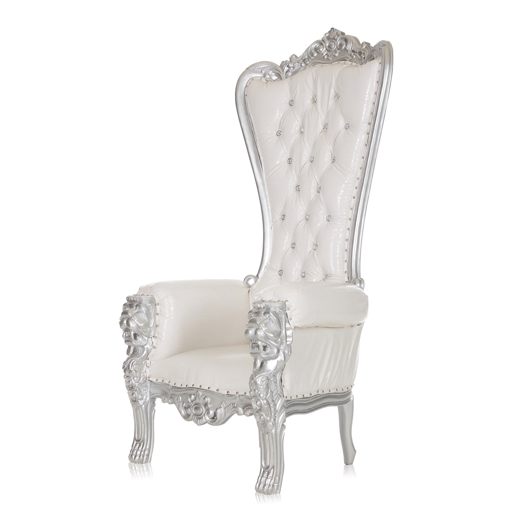 "Queen Tiffany" Lion Throne Chair - White Croc Print / Silver