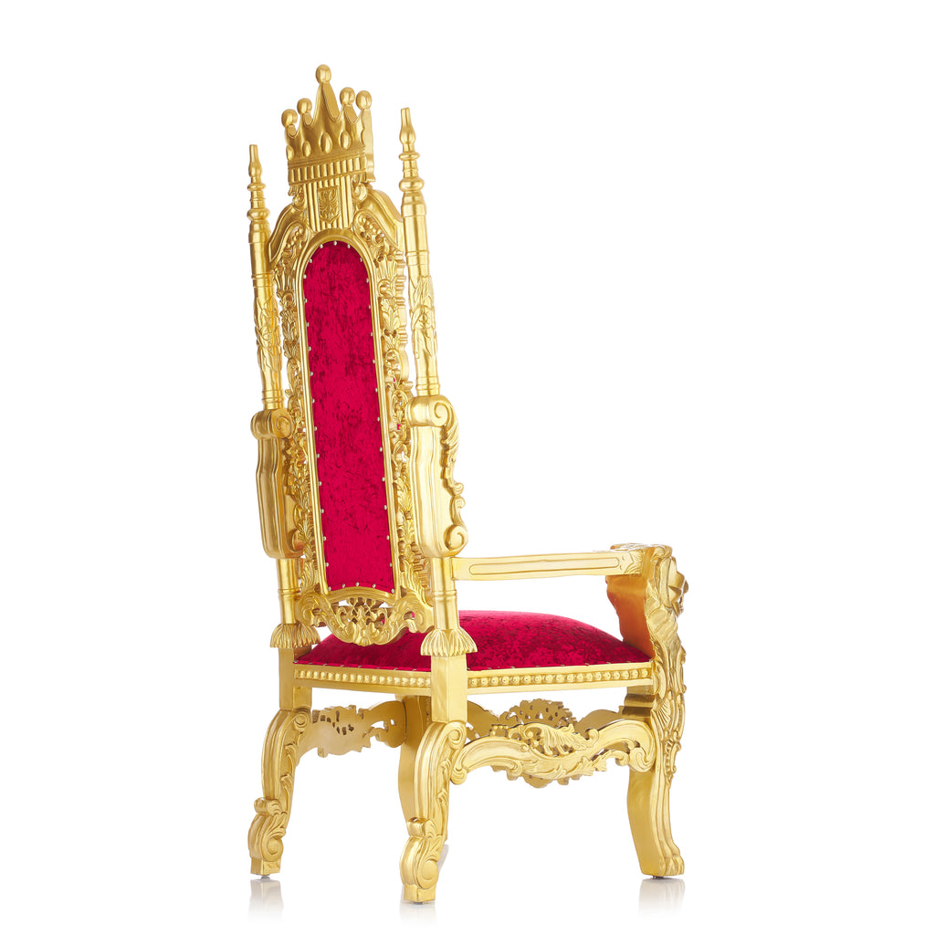 "King David" Crown Lion Throne Chair - Red Crushed Velvet / Gold
